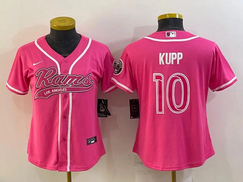 Women's Los Angeles Rams #10 Cooper Kupp Pink With Patch Cool Base Stitched Baseball Jersey inbean