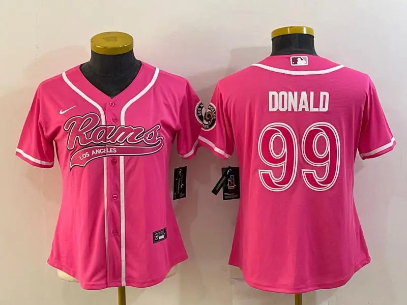 Women's Los Angeles Rams #99 Aaron Donald Pink With Patch Cool Base Stitched Baseball Jersey inbean