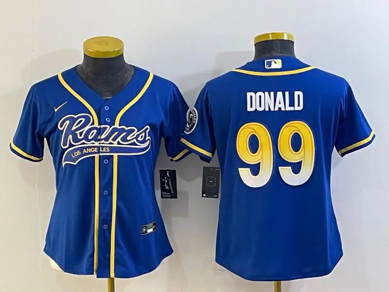 Women's Los Angeles Rams #99 Aaron Donald Royal With Patch Cool Base Stitched Baseball Jersey inbean