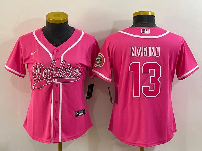 Women's Miami Dolphins #13 Dan Marino Pink With Patch Cool Base Stitched Baseball Jersey inbean