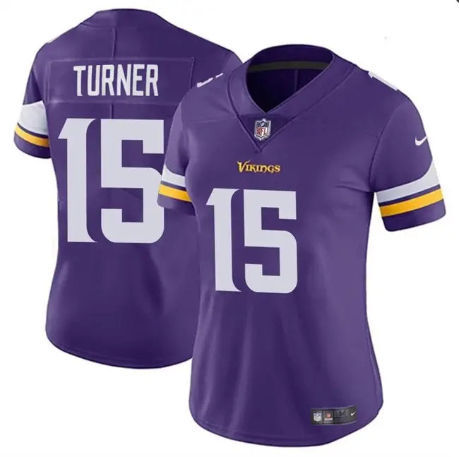 Women's Minnesota Vikings #15 Dallas Turner Purple 2024 Draft Vapor Football Stitched Jersey inbean