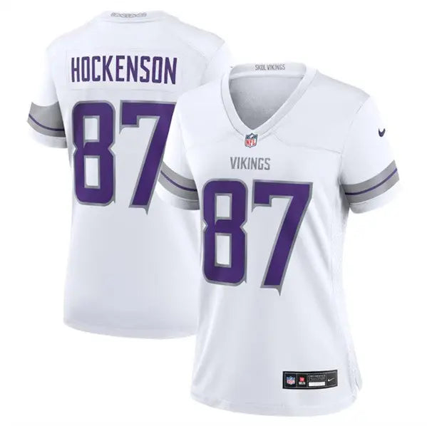 Women's Minnesota Vikings #87 T.J. Hockenson White Winter Warrior Limited Football Stitched Jersey inbean