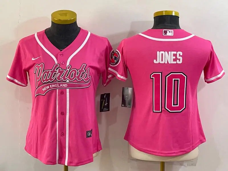 Women's New England Patriots #10 Mac Jones Pink With Patch Cool Base Stitched Baseball Jersey inbean