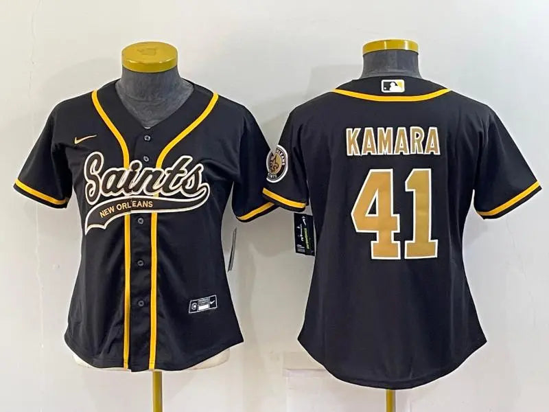 Women's New Orleans Saints #41 Alvin Kamara Black With Patch Cool Base Stitched Baseball Jersey inbean