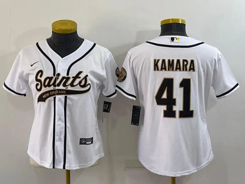 Women's New Orleans Saints #41 Alvin Kamara White With Patch Cool Base Stitched Baseball Jersey inbean