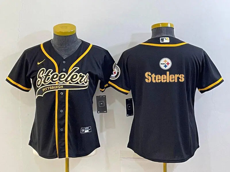 Women's Pittsburgh Steelers Black Team Big Logo With Patch Cool Base Stitched Baseball Jersey inbean