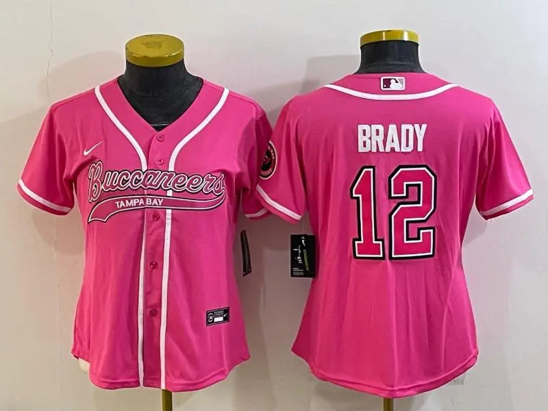 Women's Tampa Bay Buccaneers #12 Tom Brady Pink With Patch Cool Base Stitched Baseball Jersey inbean